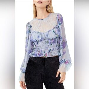 Free people Daphne blue Floral Sheer Long Sleeve Top ruffles